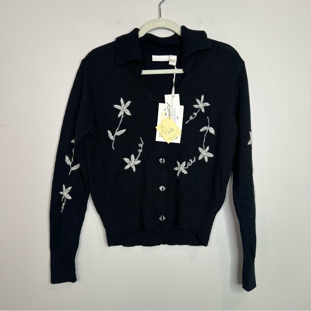Whitewash Ladimir black and white floral stitch cardigan sweater size Medium - Picture 4 of 16